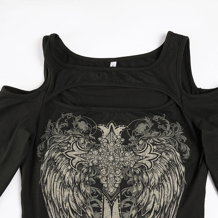 Off shoulder long sleeve abstract top  | Festival Outfits Women-final-sale