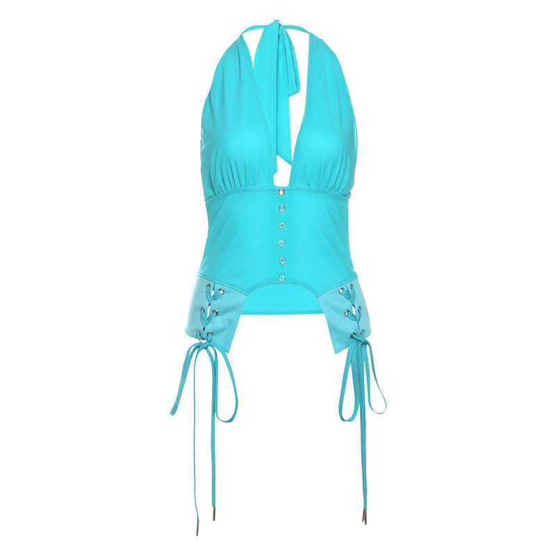 Halter self tie v neck backless solid top  | Festival Outfits Women-final-sale