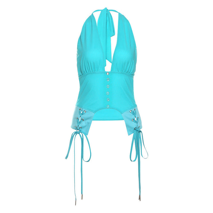 Halter self tie v neck backless solid top  | Festival Outfits Women-final-sale