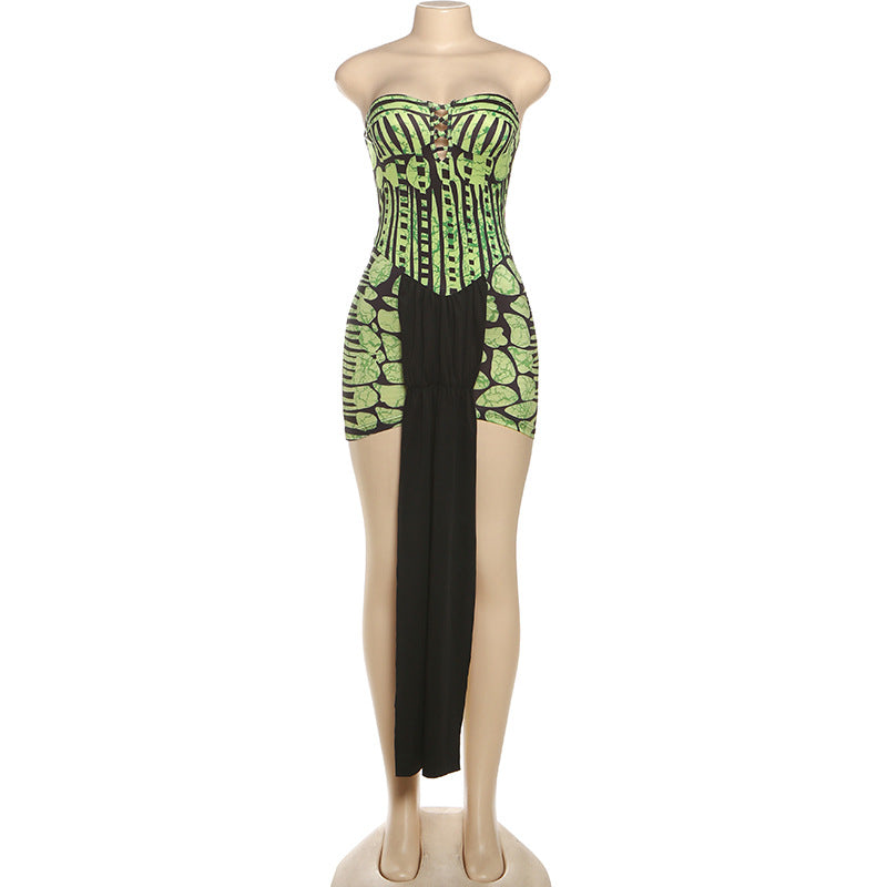 Hollow out print contrast tube cut out mini dress  | Festival Outfits Women