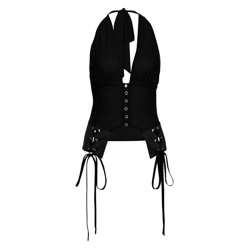 Halter self tie v neck backless solid top  | Festival Outfits Women-final-sale