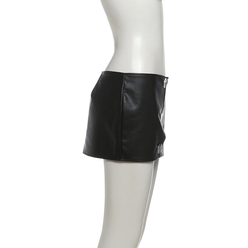 Button PU leather pleated solid mini skirt Cargo Mini Skirt  | Festival Outfits Women