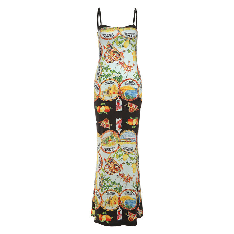 Print contrast backless cami maxi dress  | Festival Outfits Women-final-sale