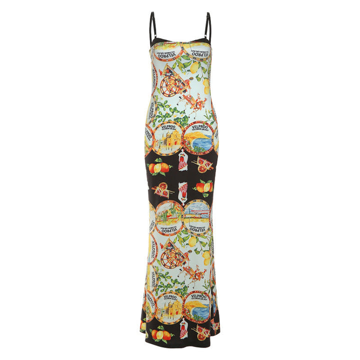 Print contrast backless cami maxi dress  | Festival Outfits Women-final-sale