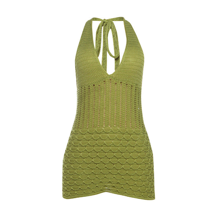 Hollow out self tie halter v neck knitted cut out mini dress  | Festival Outfits Women