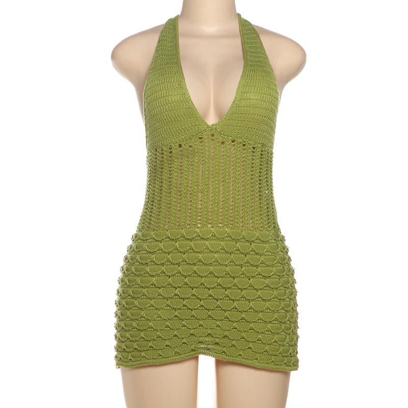 Hollow out self tie halter v neck knitted cut out mini dress  | Festival Outfits Women