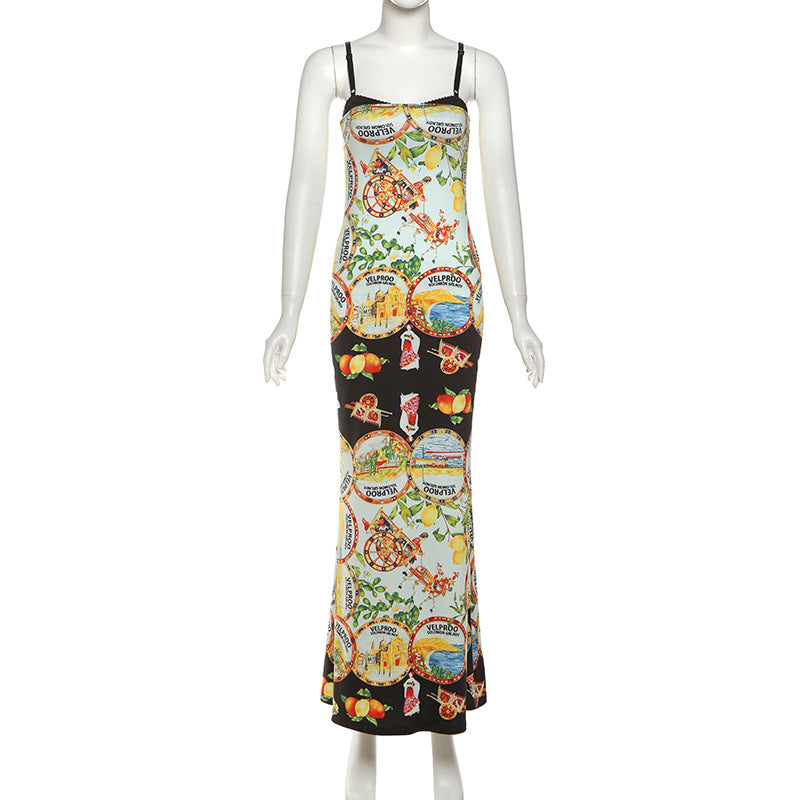 Print contrast backless cami maxi dress  | Festival Outfits Women-final-sale