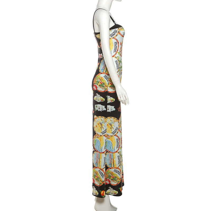 Print contrast backless cami maxi dress  | Festival Outfits Women-final-sale