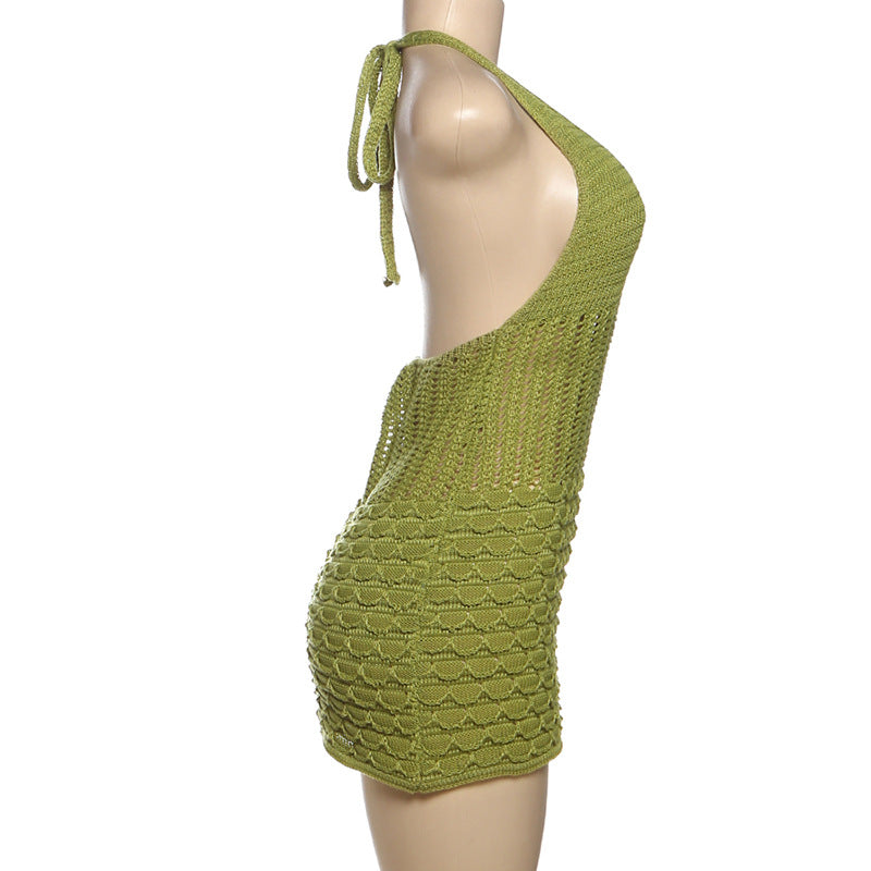 Hollow out self tie halter v neck knitted cut out mini dress  | Festival Outfits Women