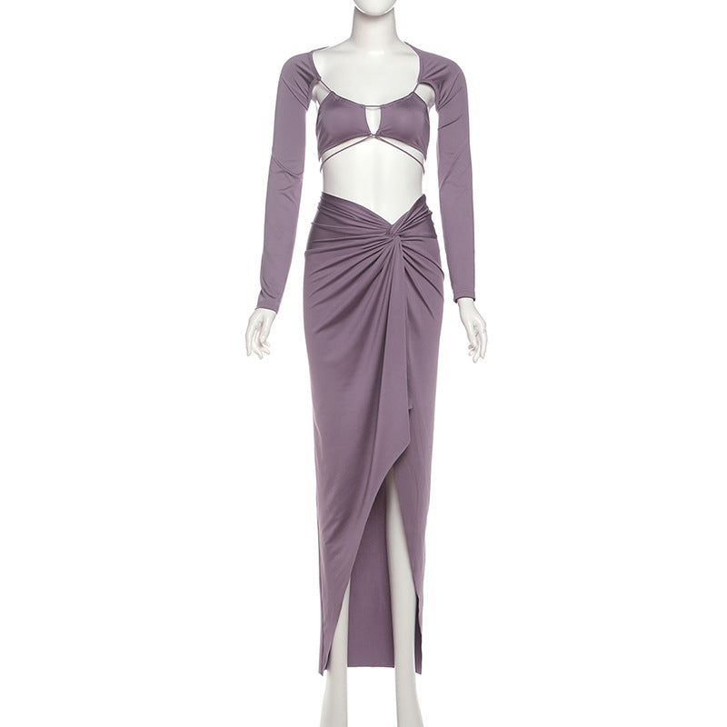 Long sleeve hollow out irregular slit maxi skirt set  | Festival Outfits Women