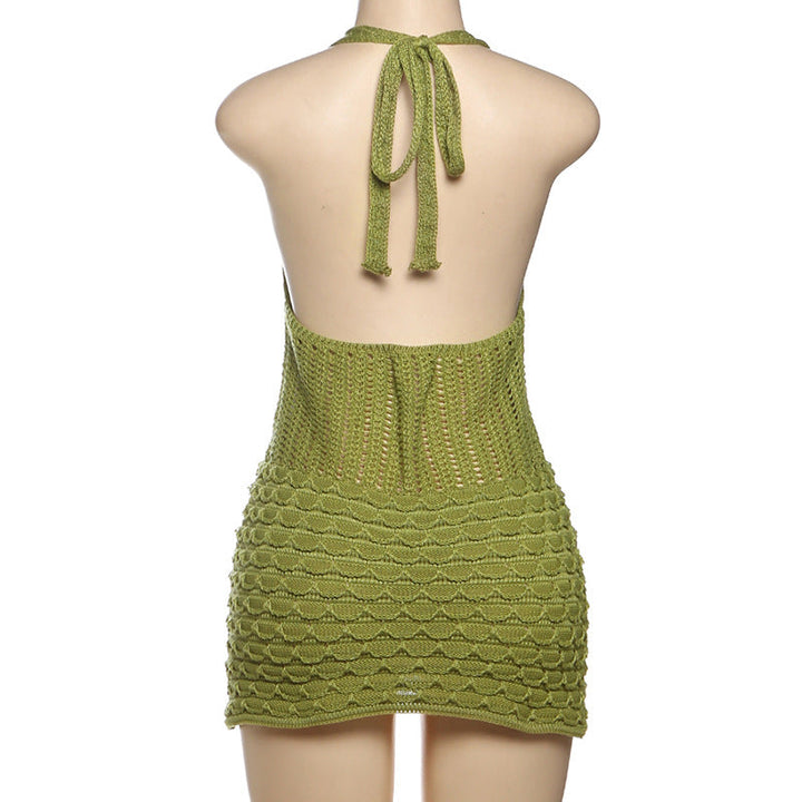 Hollow out self tie halter v neck knitted cut out mini dress  | Festival Outfits Women
