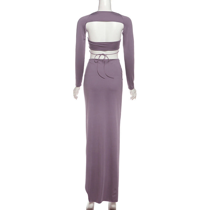 Long sleeve hollow out irregular slit maxi skirt set  | Festival Outfits Women