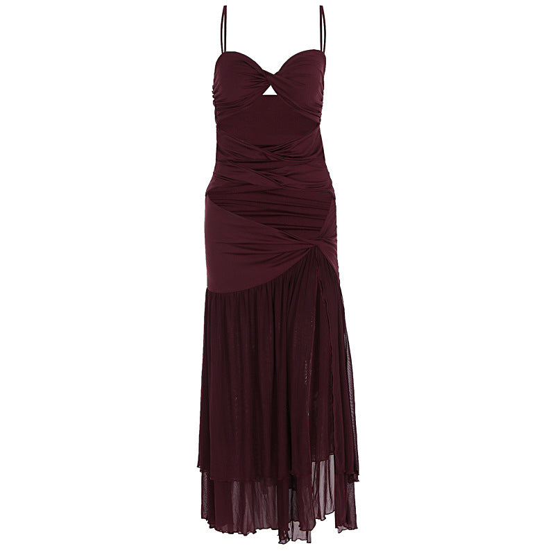 Hollow out ruched slit v neck cami cut out maxi dress  | Festival Outfits Women