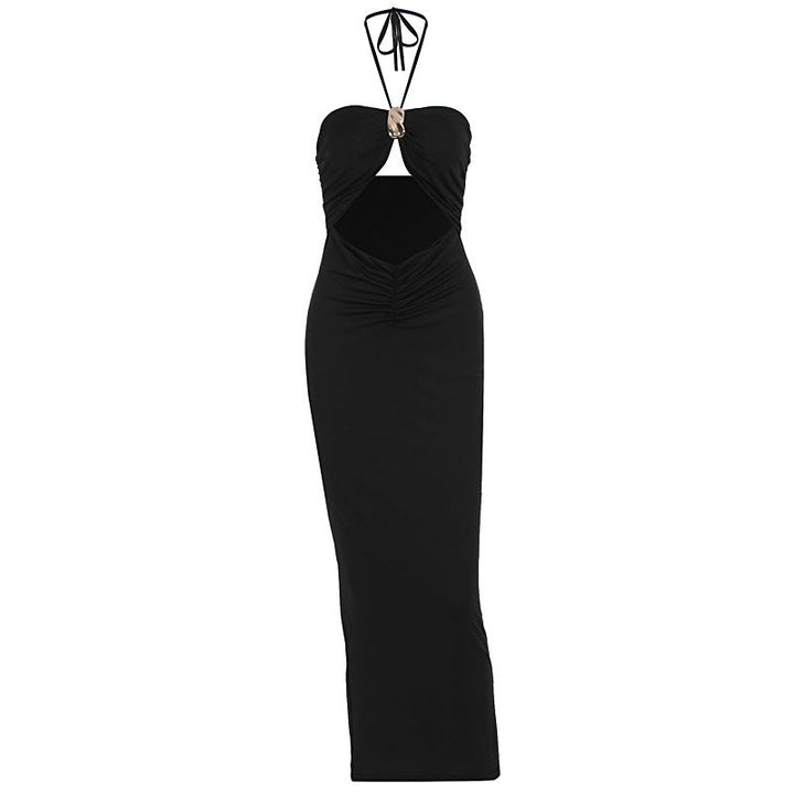 Hollow out halter self tie ruched cut out midi dress  | Festival Outfits Women