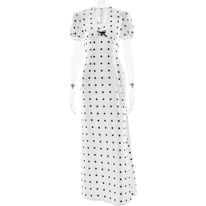 Polka dot short sleeve bowknot zip-up maxi dress  | Festival Outfits Women