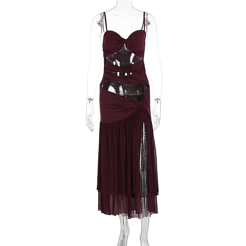 Hollow out ruched slit v neck cami cut out maxi dress  | Festival Outfits Women