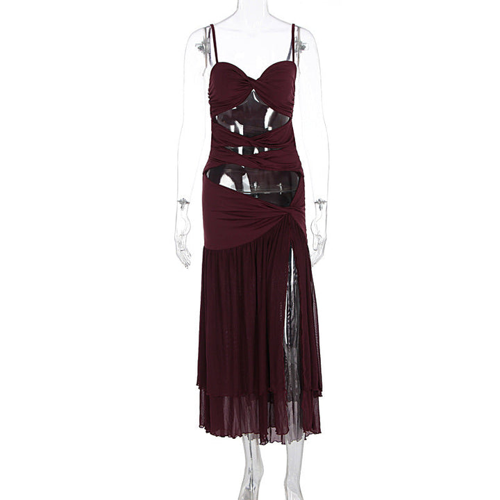 Hollow out ruched slit v neck cami cut out maxi dress  | Festival Outfits Women
