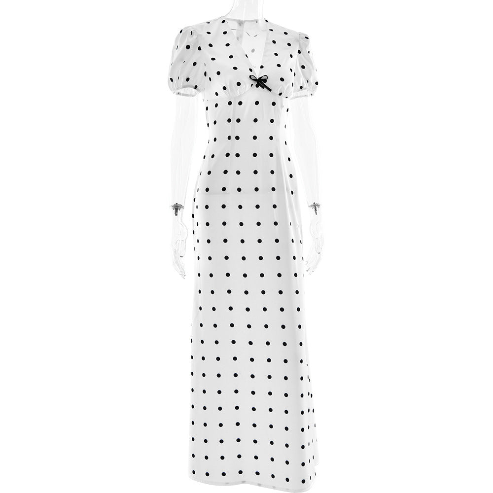 Polka dot short sleeve bowknot zip-up maxi dress  | Festival Outfits Women