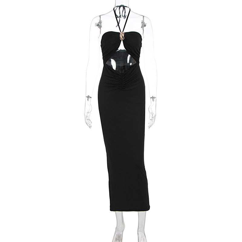 Hollow out halter self tie ruched cut out midi dress  | Festival Outfits Women