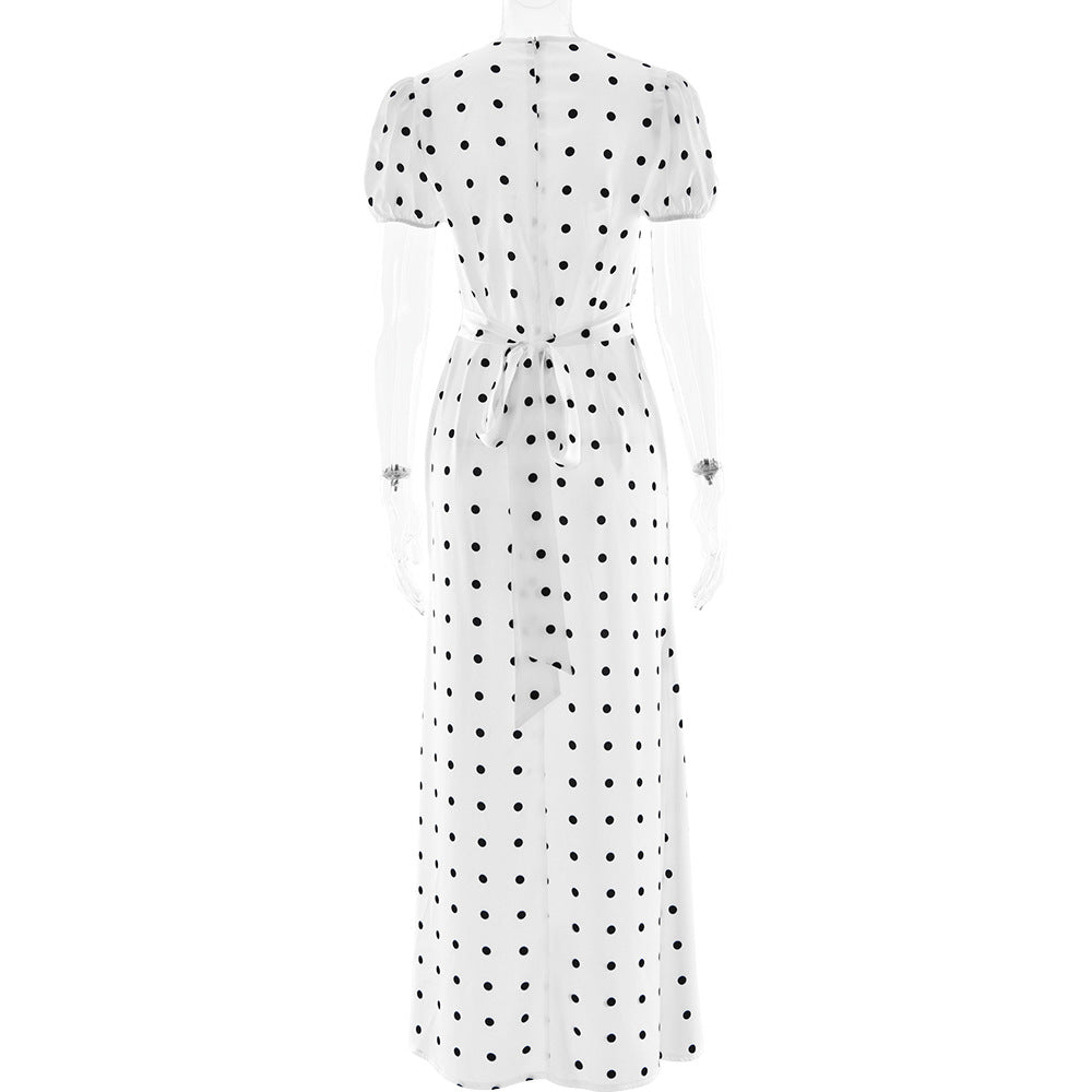Polka dot short sleeve bowknot zip-up maxi dress  | Festival Outfits Women
