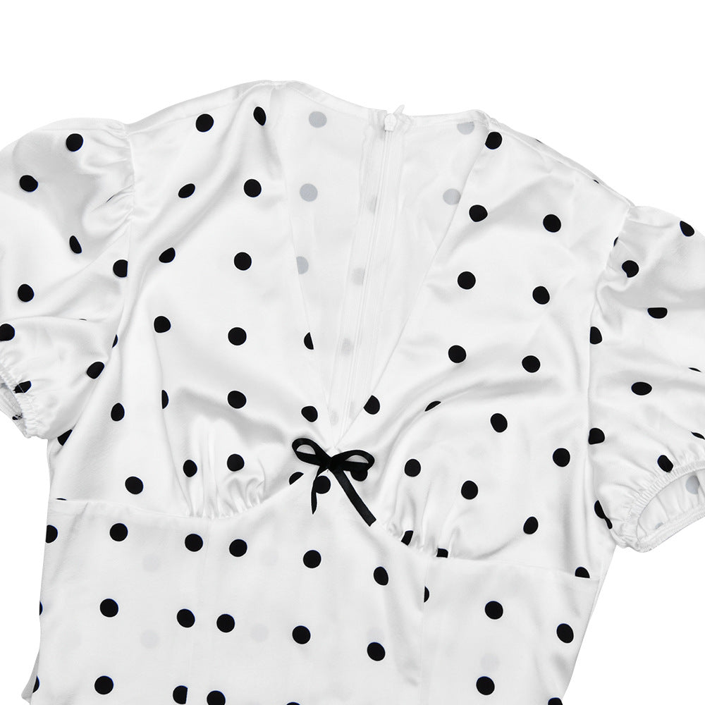 Polka dot short sleeve bowknot zip-up maxi dress  | Festival Outfits Women
