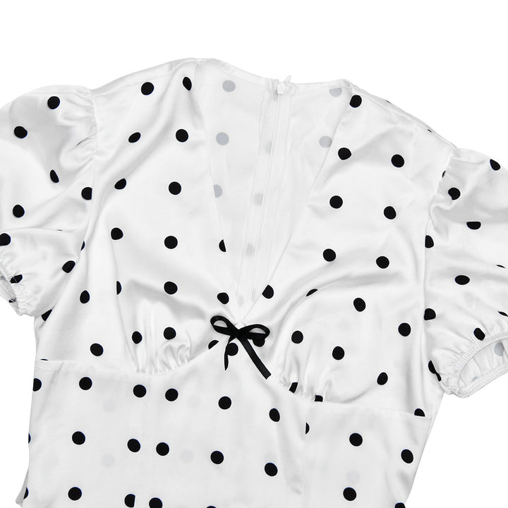 Polka dot short sleeve bowknot zip-up maxi dress  | Festival Outfits Women