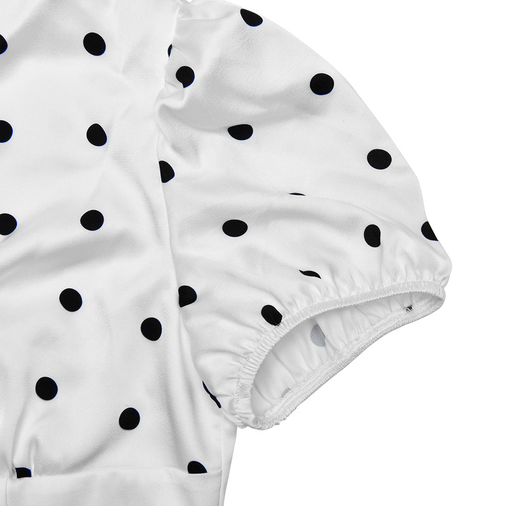 Polka dot short sleeve bowknot zip-up maxi dress  | Festival Outfits Women