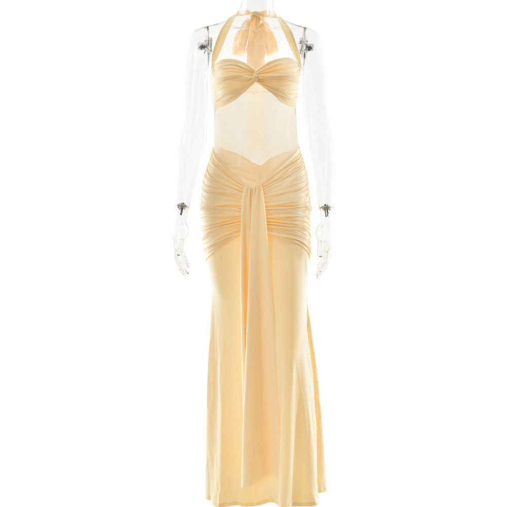 Ruched halter self tie v neck maxi dress  | Festival Outfits Women