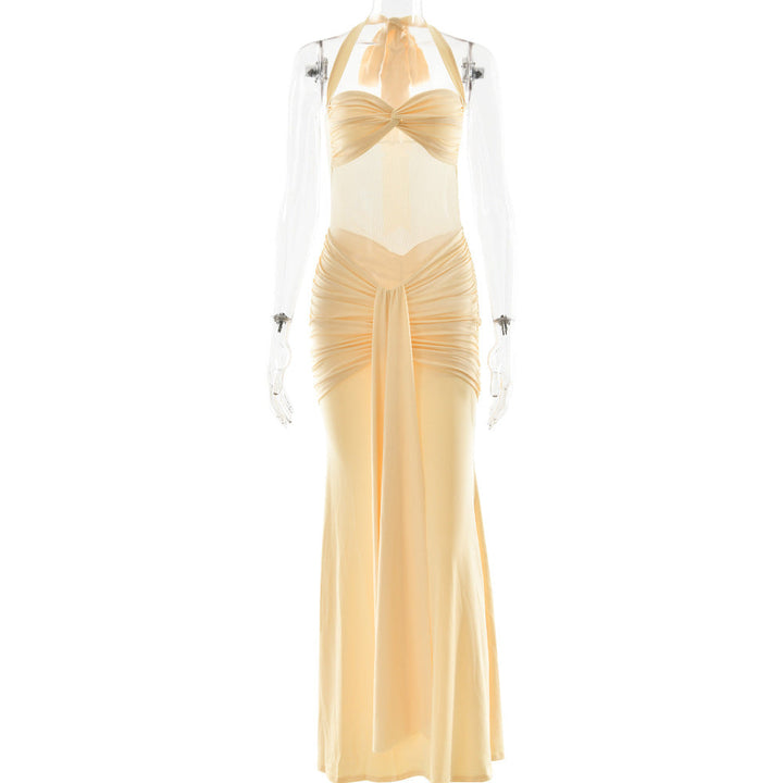 Ruched halter self tie v neck maxi dress  | Festival Outfits Women