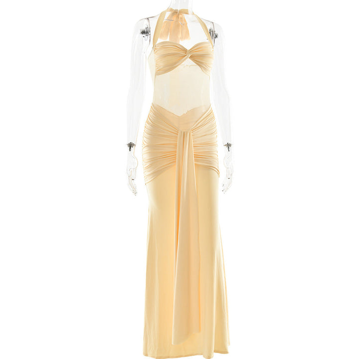 Ruched halter self tie v neck maxi dress  | Festival Outfits Women