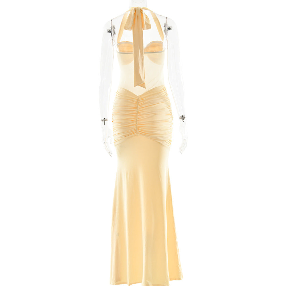 Ruched halter self tie v neck maxi dress  | Festival Outfits Women