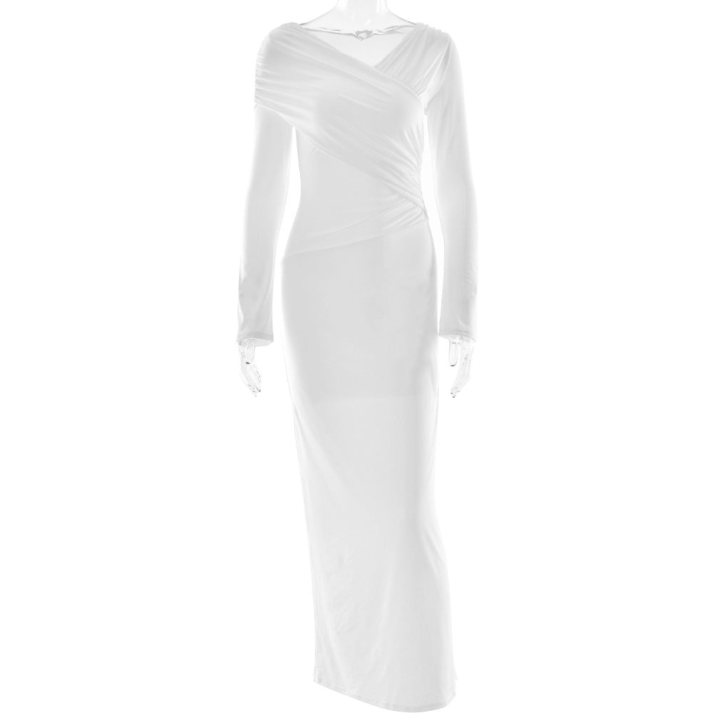 Long sleeve v neck ruched solid maxi dress  | Festival Outfits Women