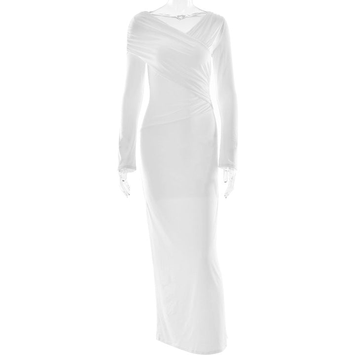 Long sleeve v neck ruched solid maxi dress  | Festival Outfits Women