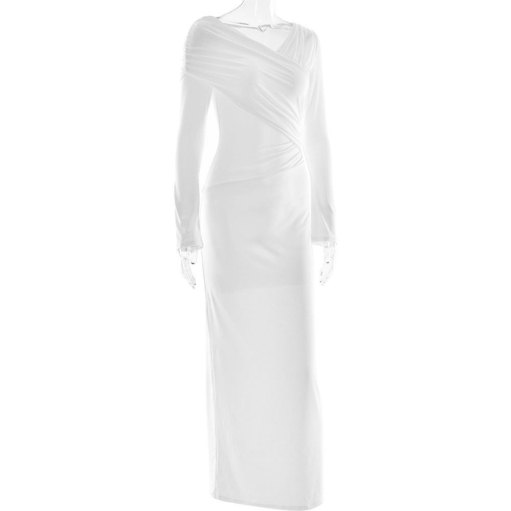 Long sleeve v neck ruched solid maxi dress  | Festival Outfits Women
