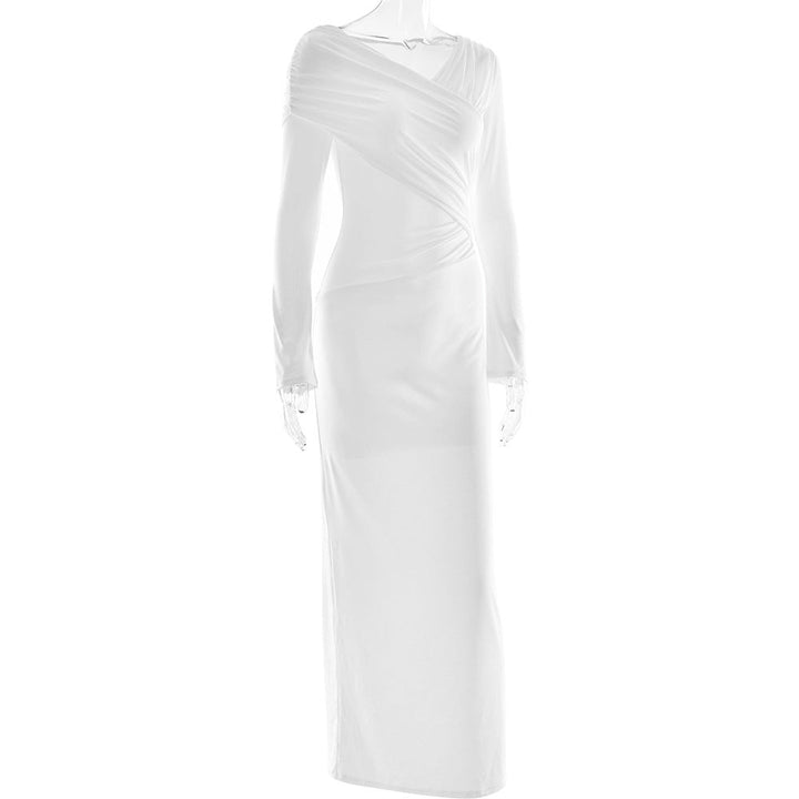 Long sleeve v neck ruched solid maxi dress  | Festival Outfits Women