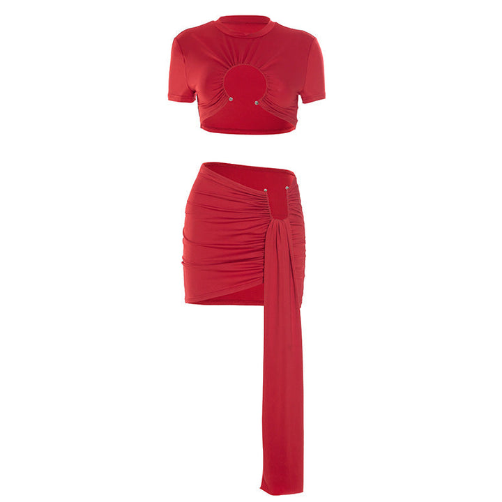 Crewneck solid short sleeve ruched mini skirt set  | Festival Outfits Women