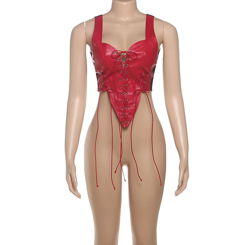 Lace up PU leather patchwork tank top  | Festival Outfits Women-final-sale