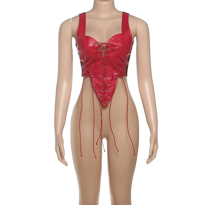 Lace up PU leather patchwork tank top  | Festival Outfits Women-final-sale