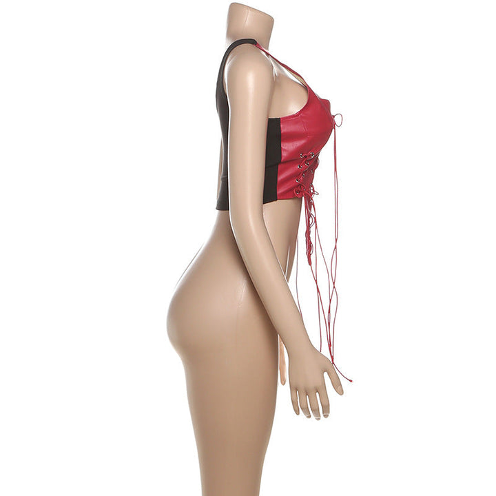 Lace up PU leather patchwork tank top  | Festival Outfits Women-final-sale