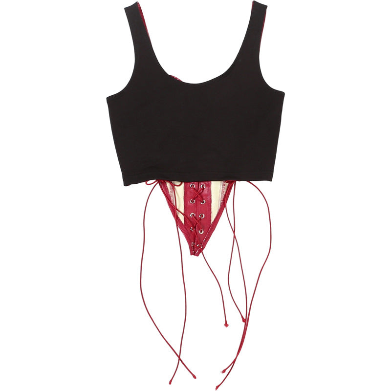 Lace up PU leather patchwork tank top  | Festival Outfits Women-final-sale
