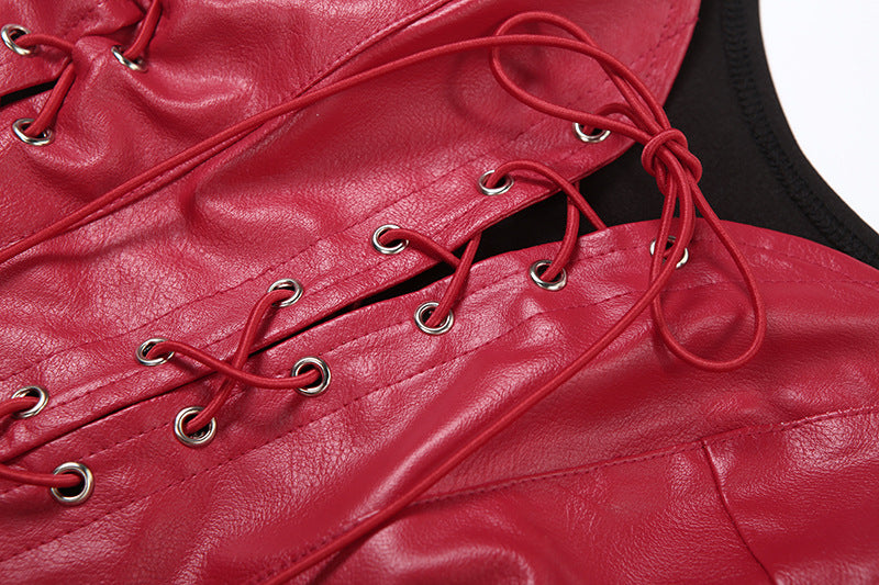 Lace up PU leather patchwork tank top  | Festival Outfits Women-final-sale