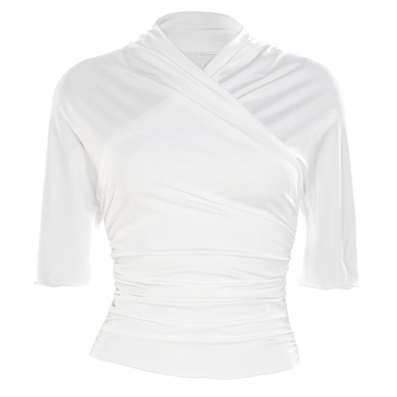 Ruched solid short sleeve cross front top  | Festival Outfits Women