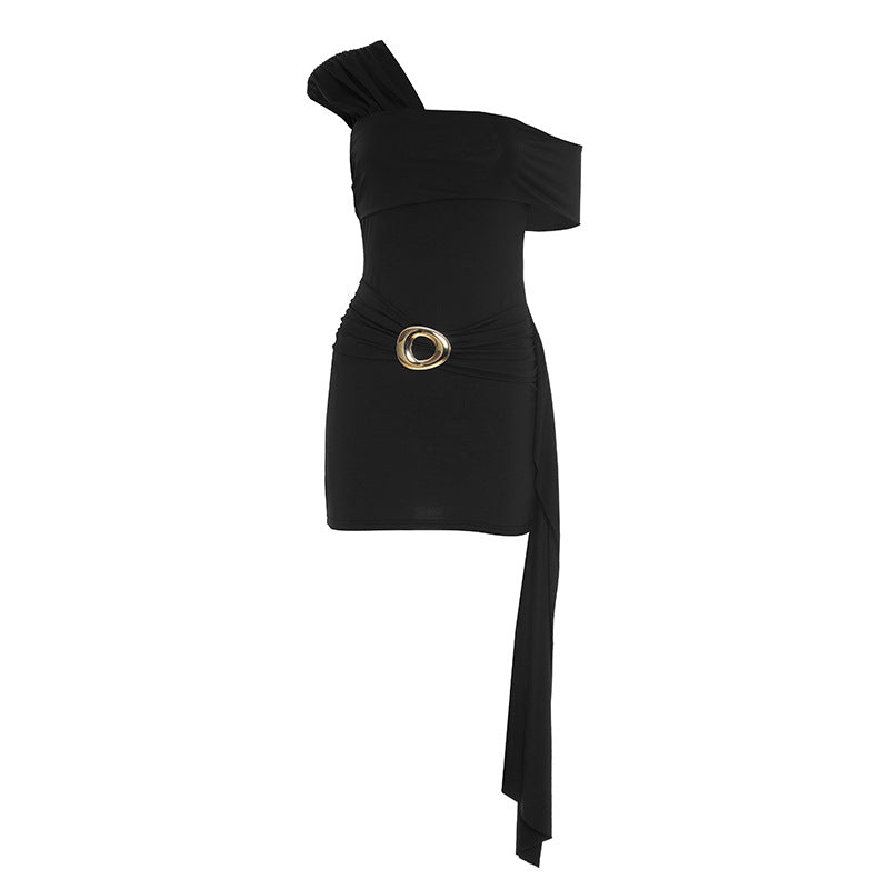 One shoulder ruched metal applique mini dress  | Festival Outfits Women-final-sale
