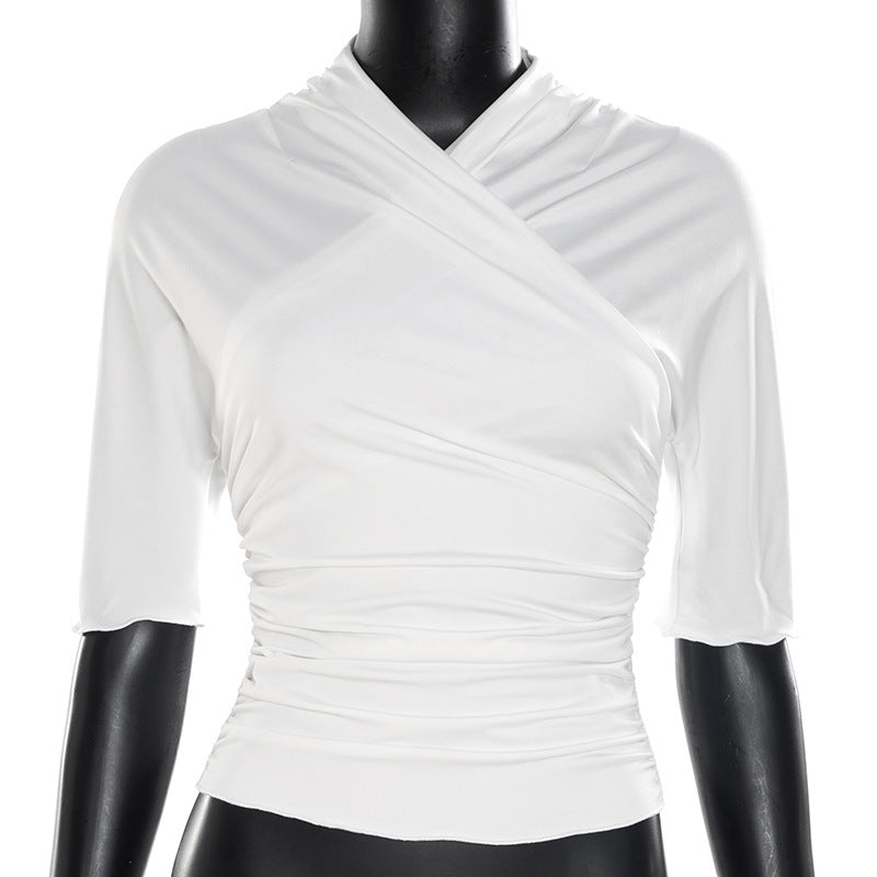 Ruched solid short sleeve cross front top  | Festival Outfits Women