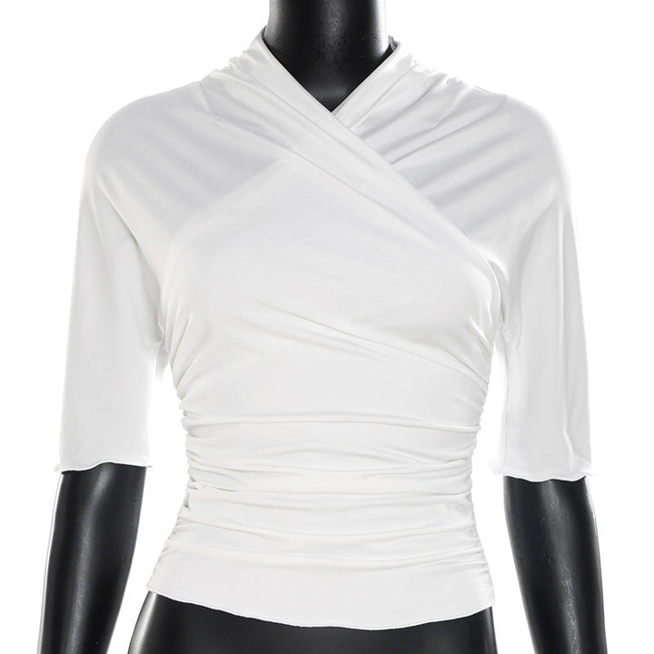Ruched solid short sleeve cross front top  | Festival Outfits Women
