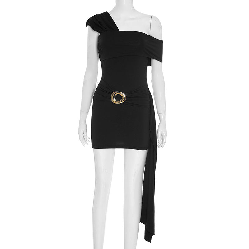 One shoulder ruched metal applique mini dress  | Festival Outfits Women-final-sale