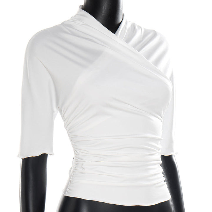 Ruched solid short sleeve cross front top  | Festival Outfits Women