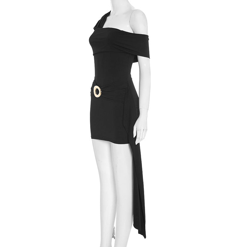 One shoulder ruched metal applique mini dress  | Festival Outfits Women-final-sale