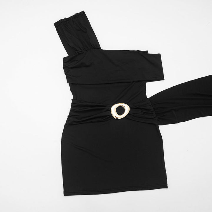 One shoulder ruched metal applique mini dress  | Festival Outfits Women-final-sale