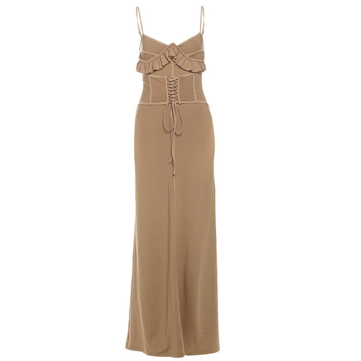 Lace up ruffle solid cami maxi dress  | Festival Outfits Women